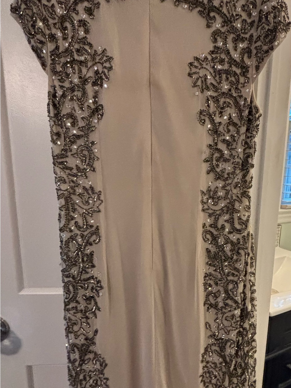 Adrianna Papell Champagne Beaded Column Gown